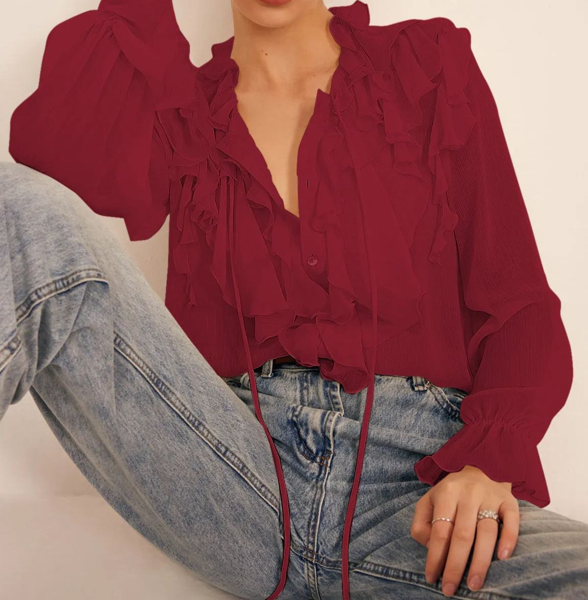 Semi-Sheer Ruffle Chiffon Breasted Blouse