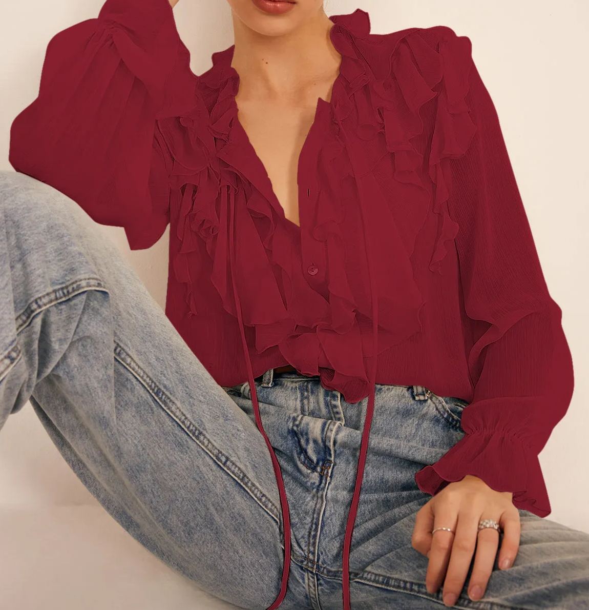 Semi-Sheer Ruffle Chiffon Breasted Blouse