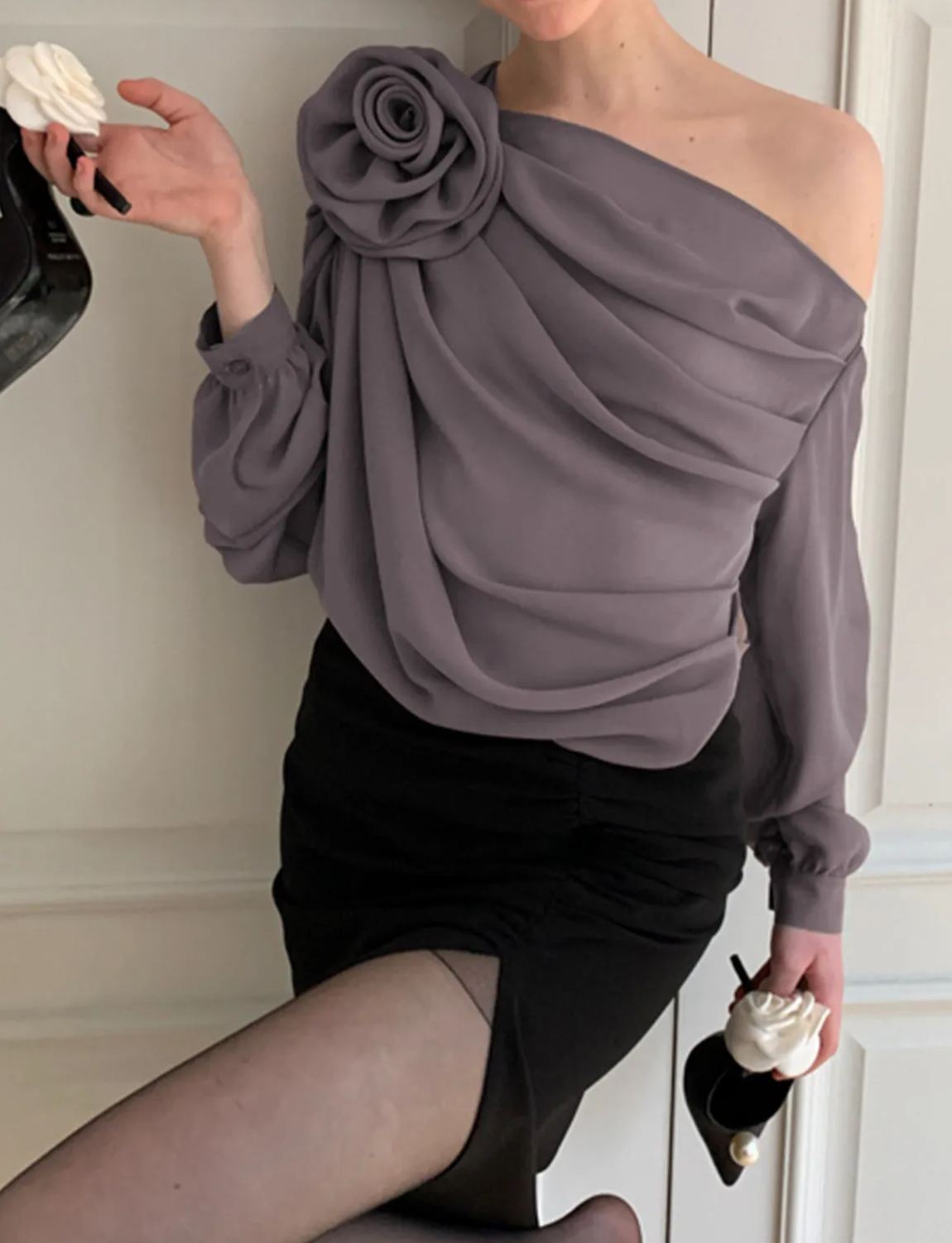 Chiffon Semi-sheer One Shoulder Asymmetrical Blouse