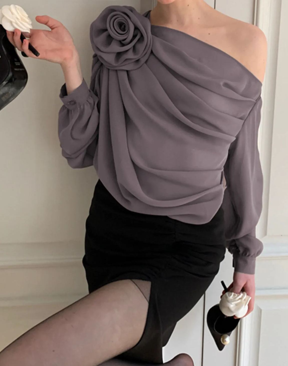 Chiffon Semi-sheer One Shoulder Asymmetrical Blouse