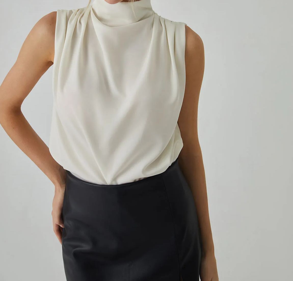 Pleated High Neck Sleeveless Blouse