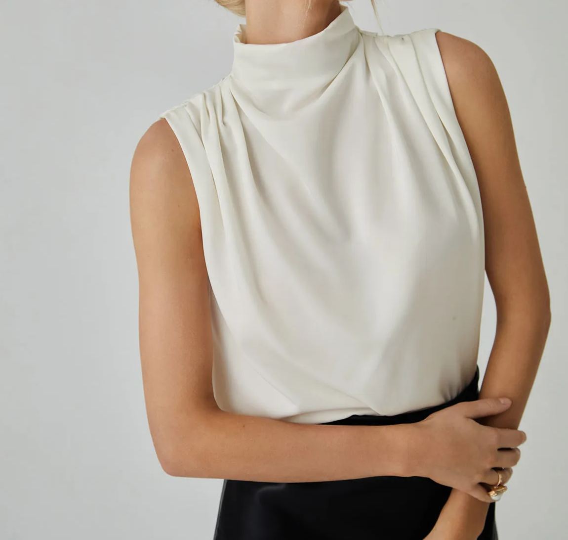 Pleated High Neck Sleeveless Blouse