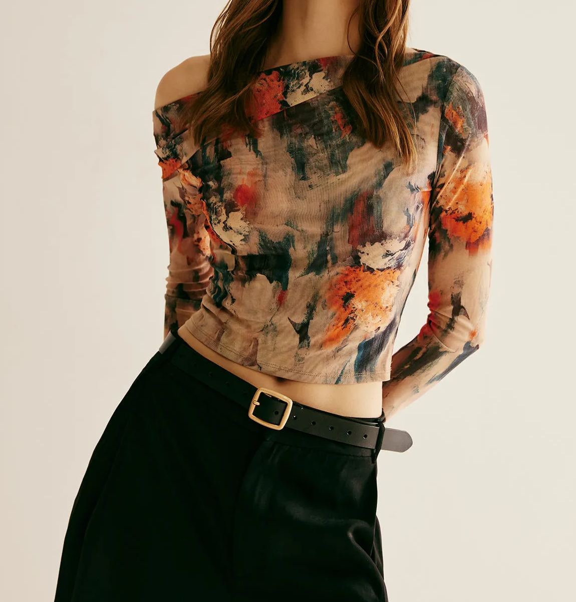 Retro Asymmetrical Collar Crop T-Shirt