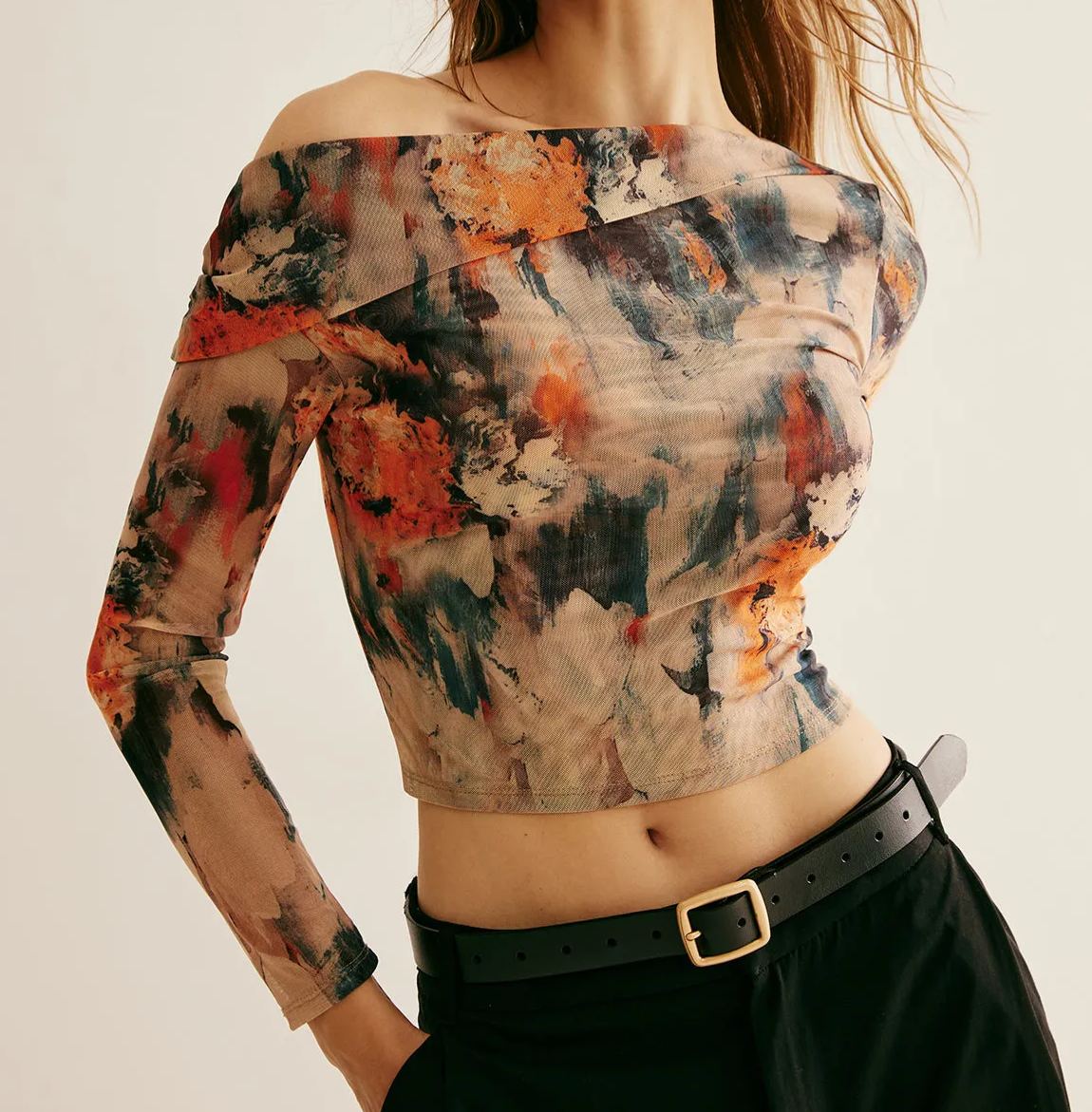 Retro Asymmetrical Collar Crop T-Shirt