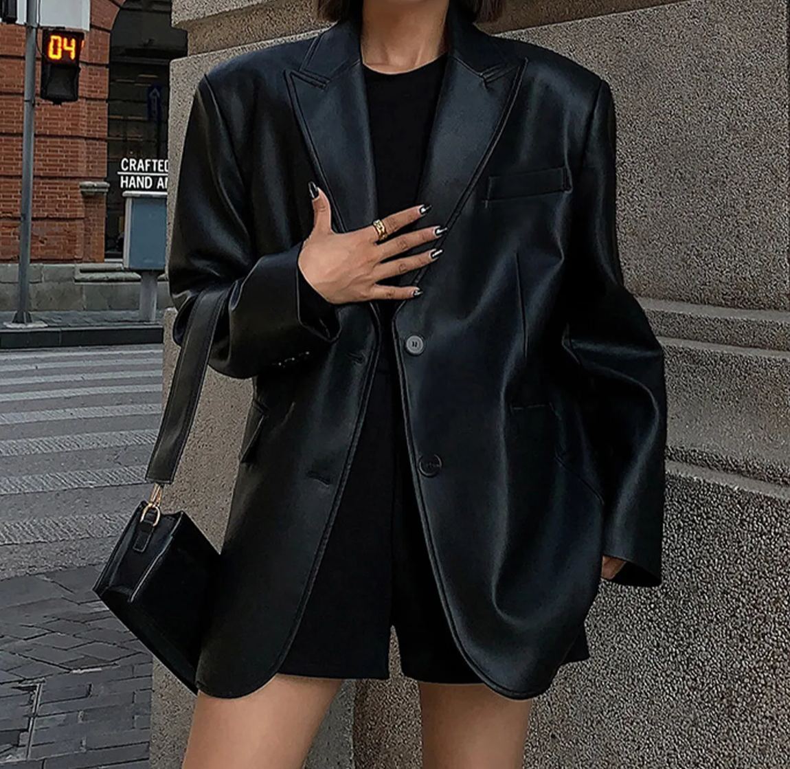 Lapel Pockets Leather Blazer