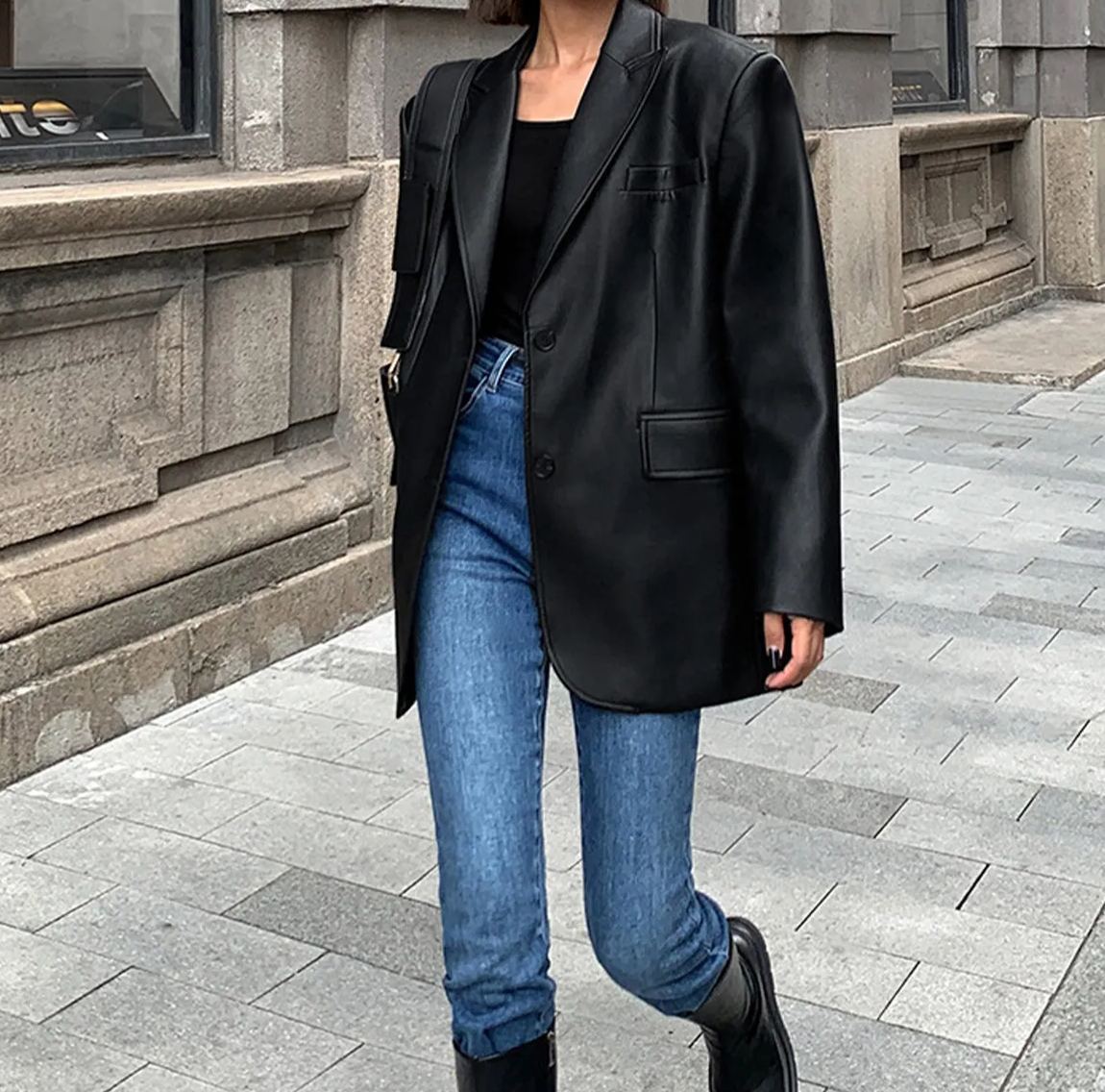Lapel Pockets Leather Blazer