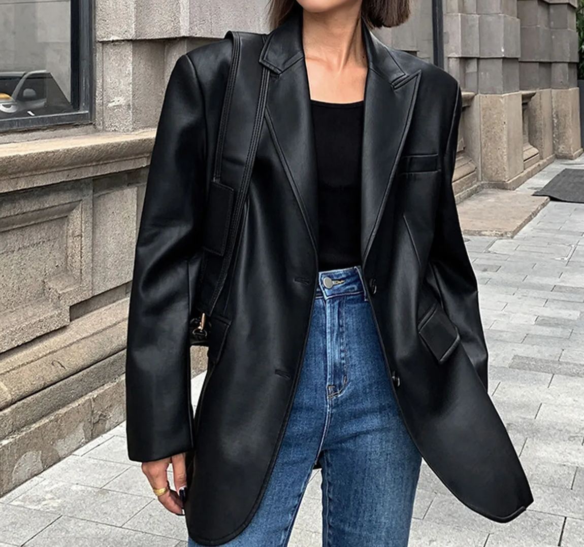 Lapel Pockets Leather Blazer