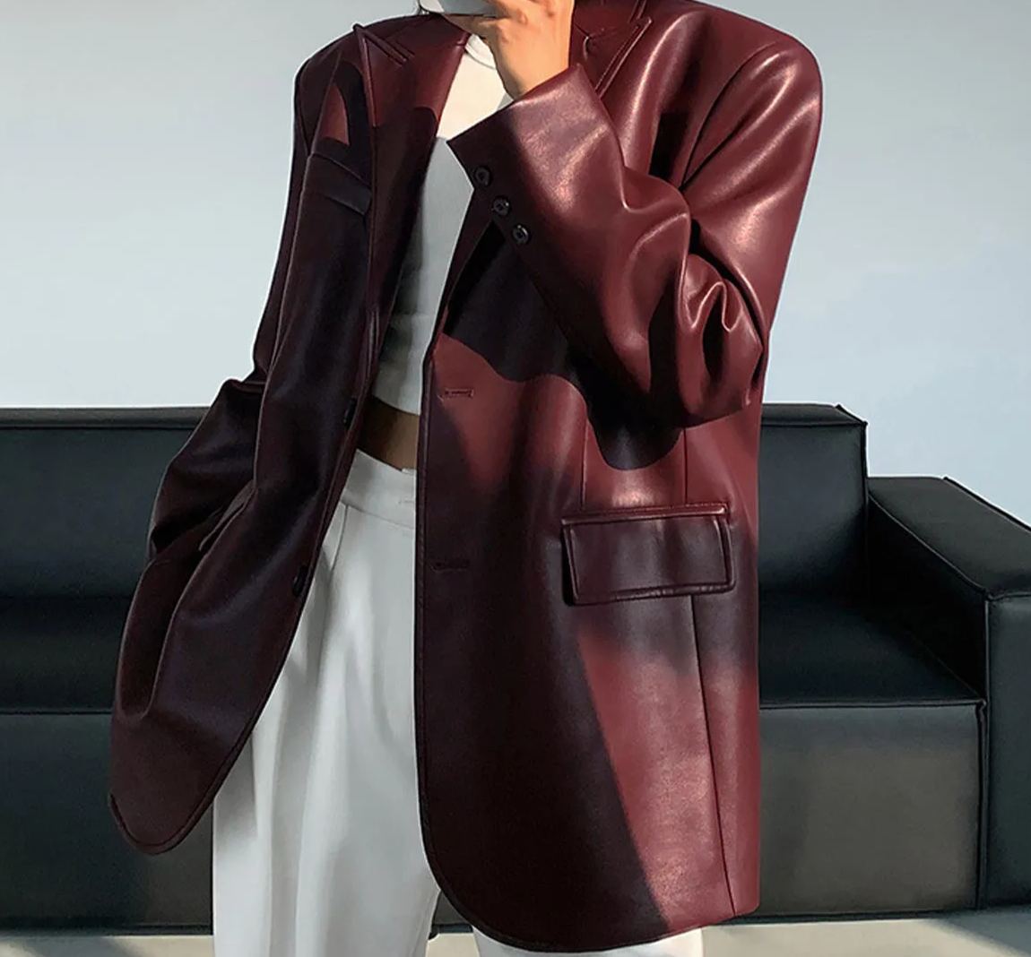 Lapel Pockets Leather Blazer