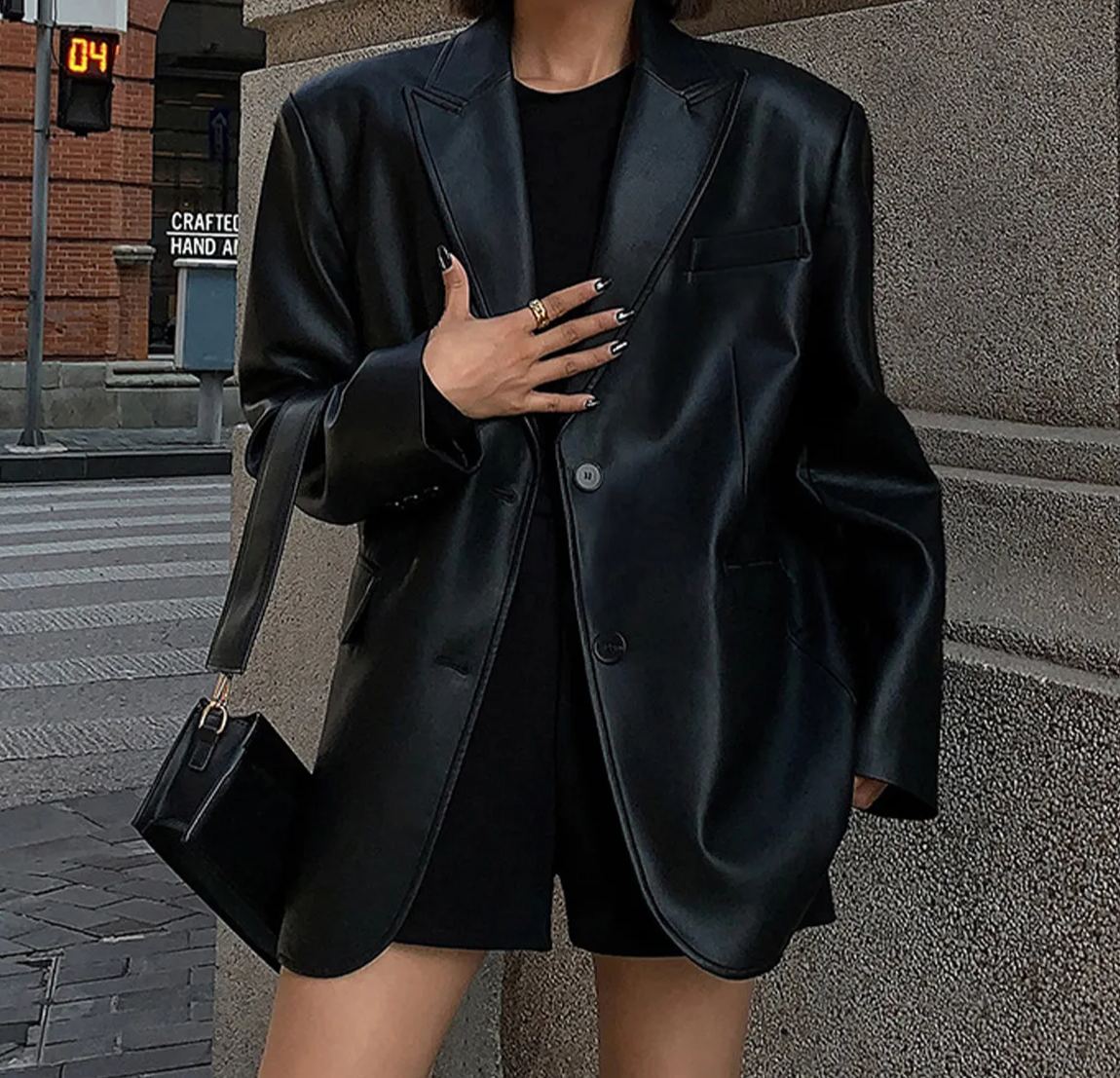 Lapel Pockets Leather Blazer