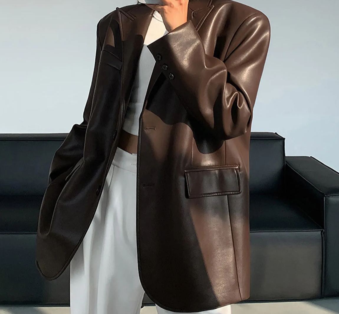 Lapel Pockets Leather Blazer