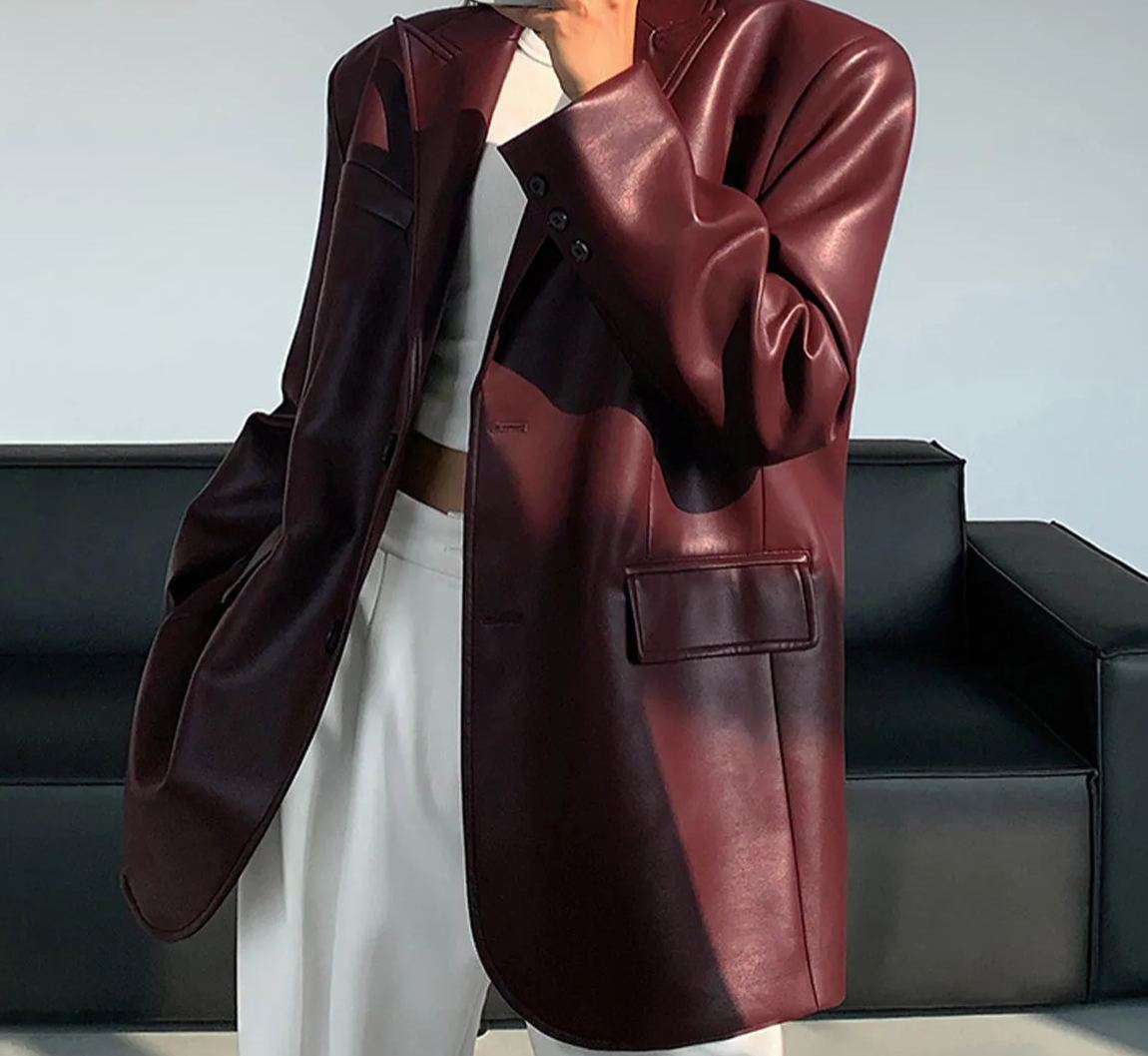 Lapel Pockets Leather Blazer