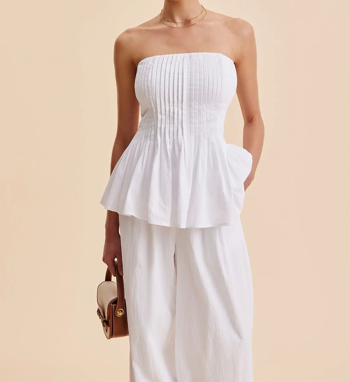 Cotton Pleated Strapless Peplum Top