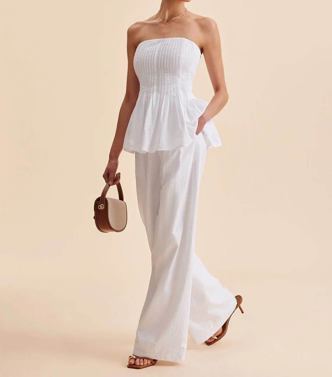 Cotton Pleated Strapless Peplum Top