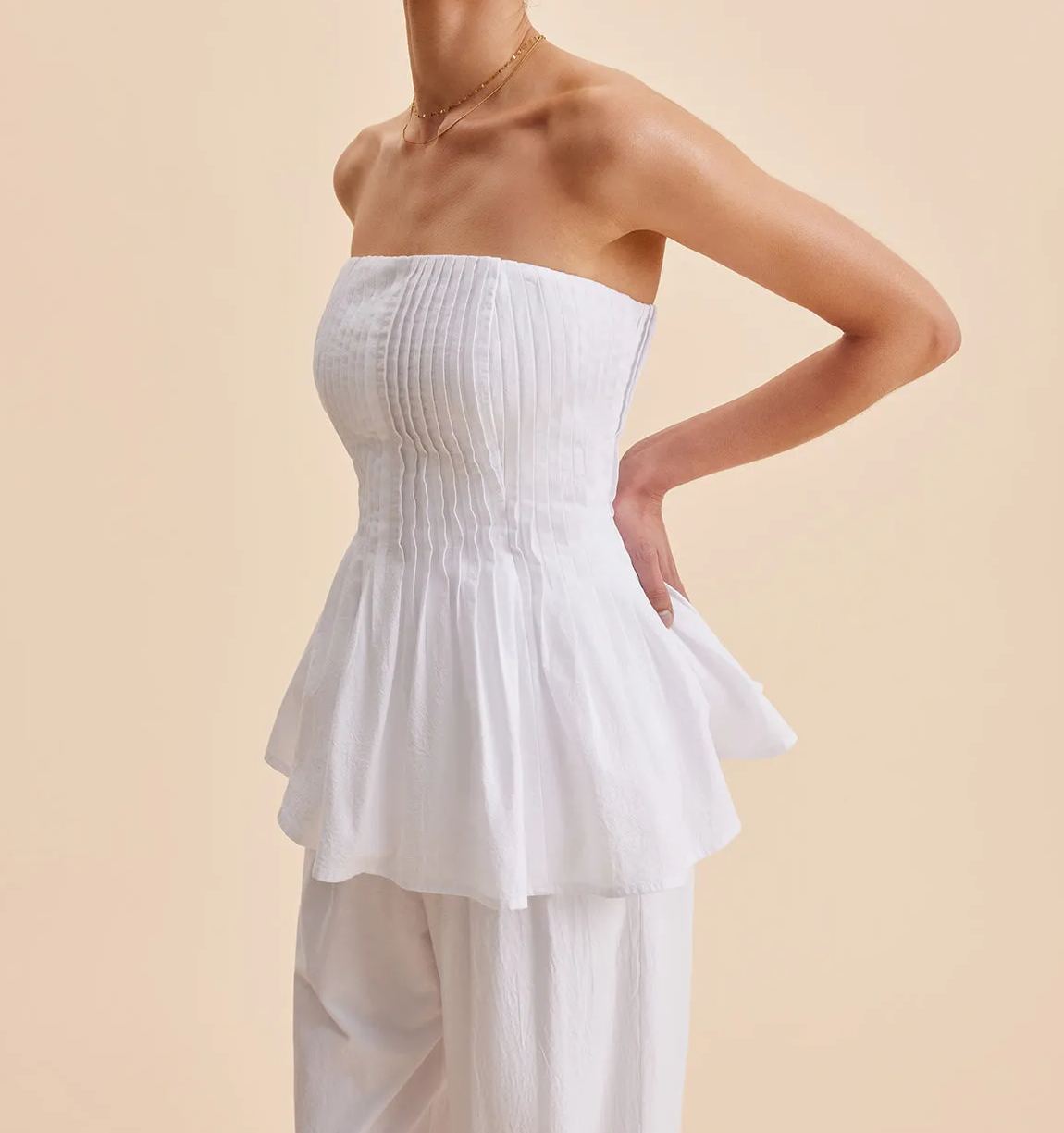 Cotton Pleated Strapless Peplum Top