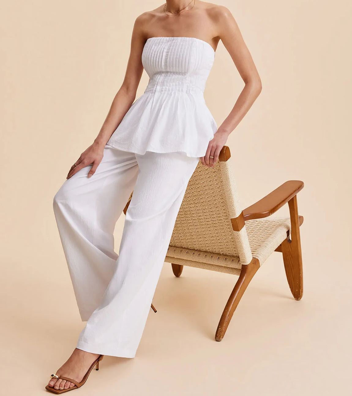 Cotton Pleated Strapless Peplum Top