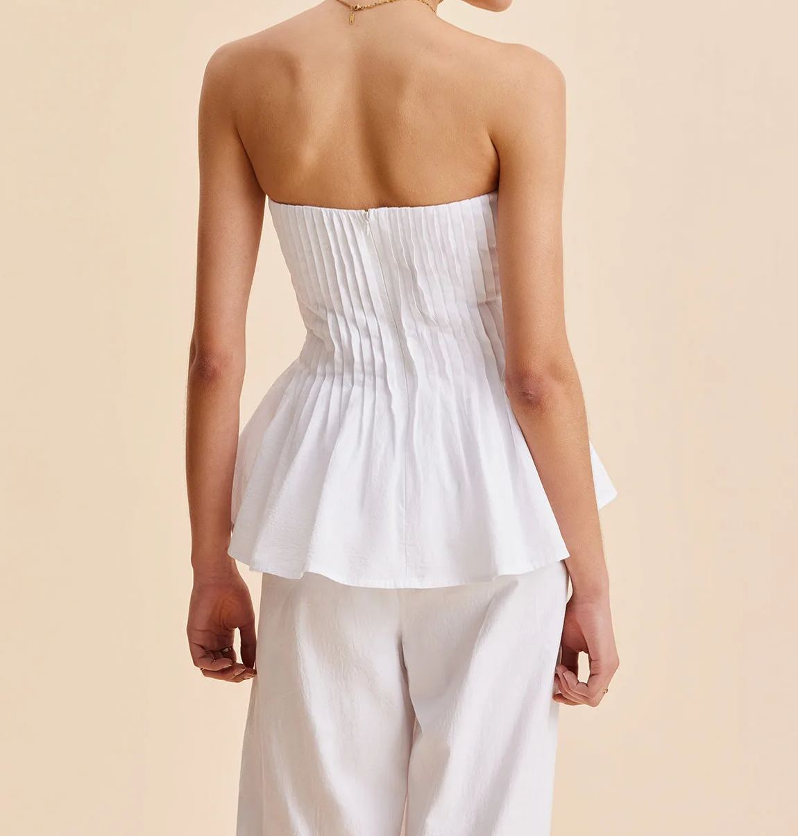 Cotton Pleated Strapless Peplum Top