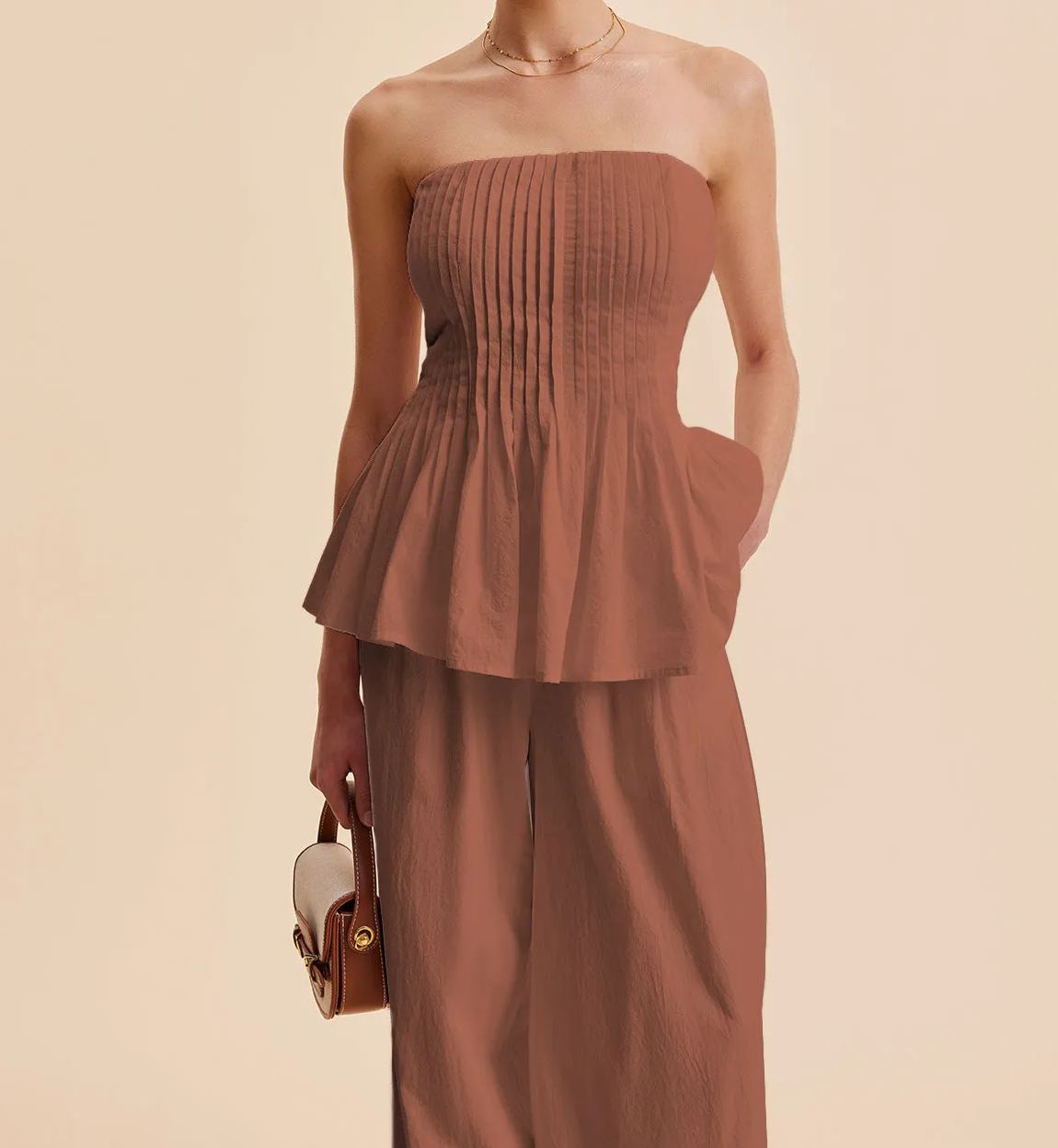 Cotton Pleated Strapless Peplum Top