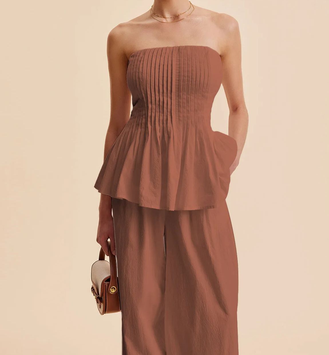 Cotton Pleated Strapless Peplum Top
