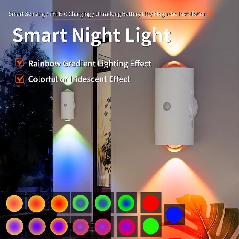 Smart Rechargeable LED Night Light with Motion Sensor &ndash; RGB Gradient Ambient Lighting, Dimmable Wall Lamp, Magnetic & Stick-On Design, USB Convenient Charging, Long-Lasting Battery, Perfect for Halloween Decor, Bedroom, Stairs, Hallway & Entryway