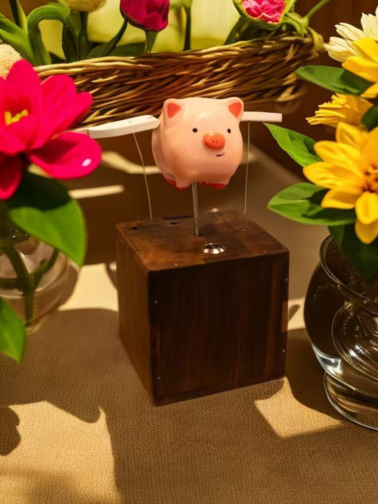Artisan Wooden Flying Piggy Automaton