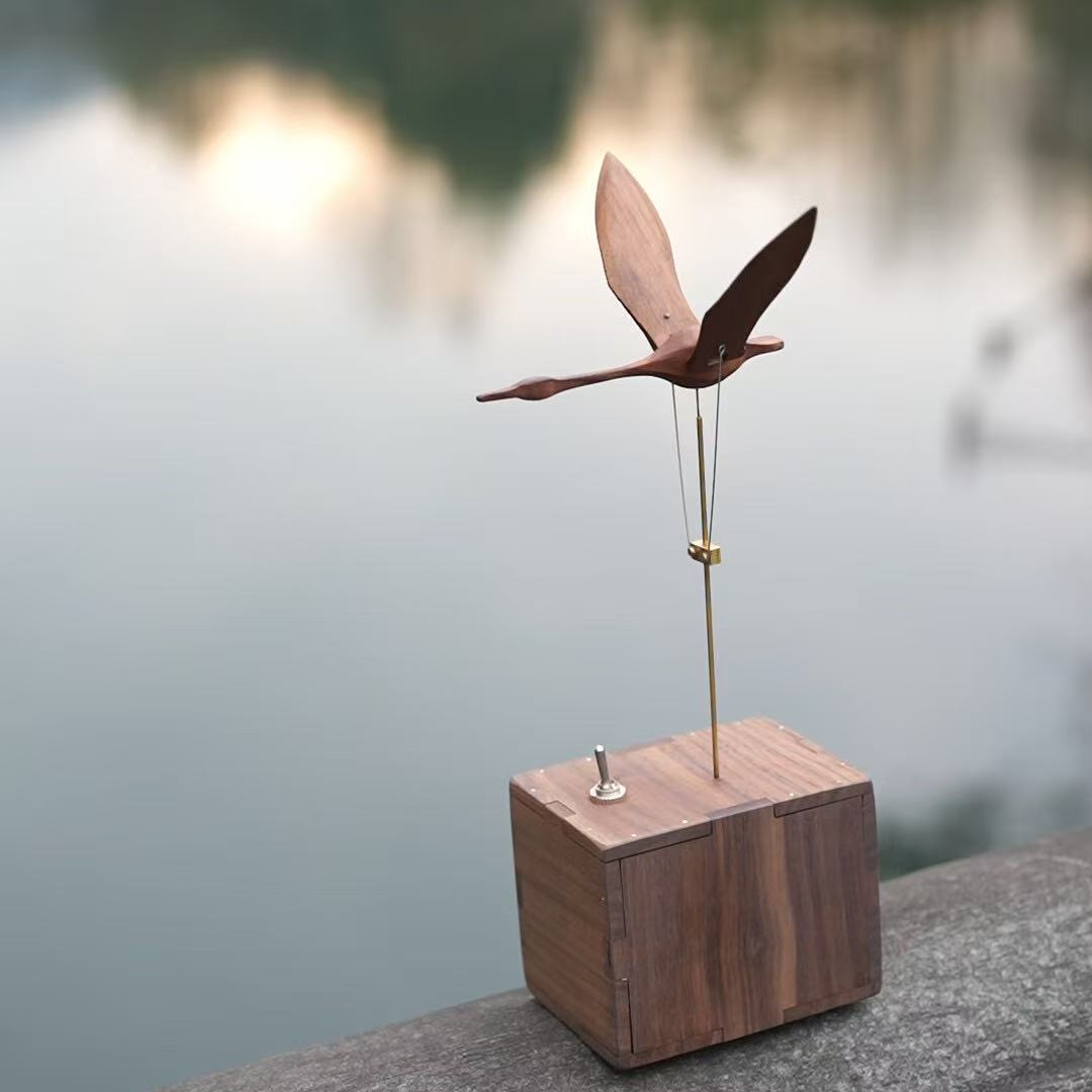 Handcrafted Walnut Swan Automaton - Elegant Motion Art for Desk & Home Decor