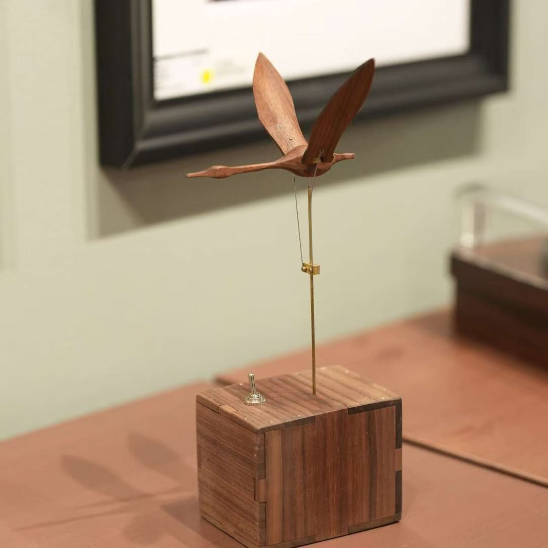Handcrafted Walnut Swan Automaton - Elegant Motion Art for Desk & Home Decor