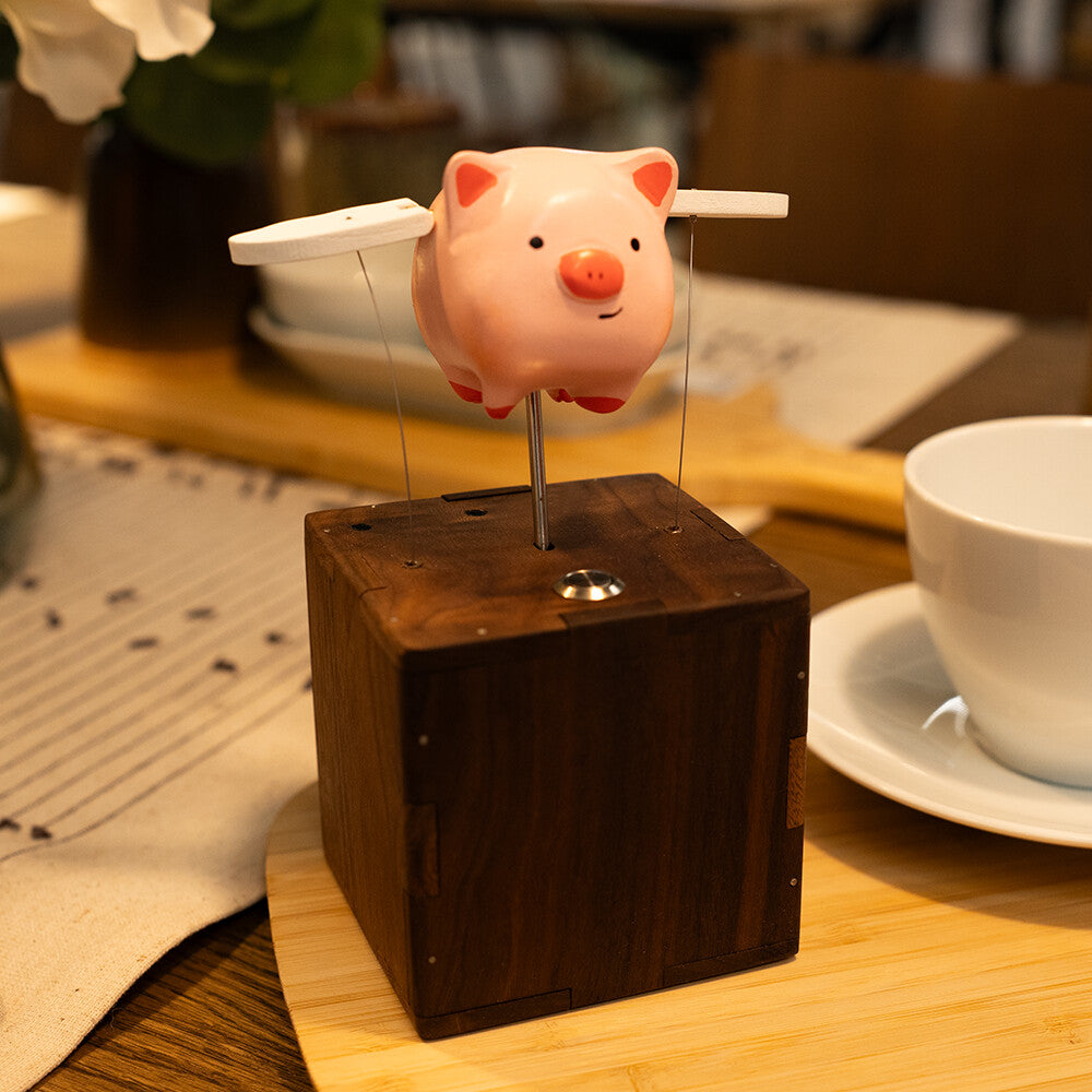 Artisan Wooden Flying Piggy Automaton
