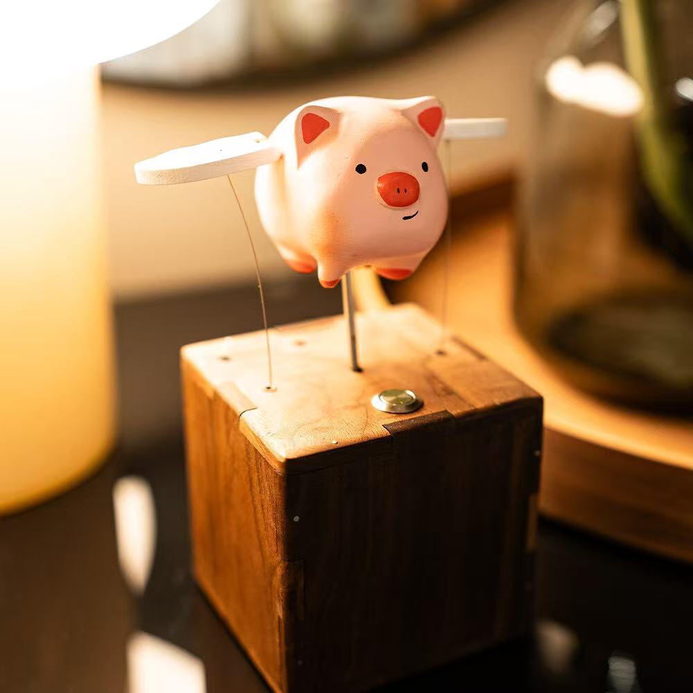 Artisan Wooden Flying Piggy Automaton