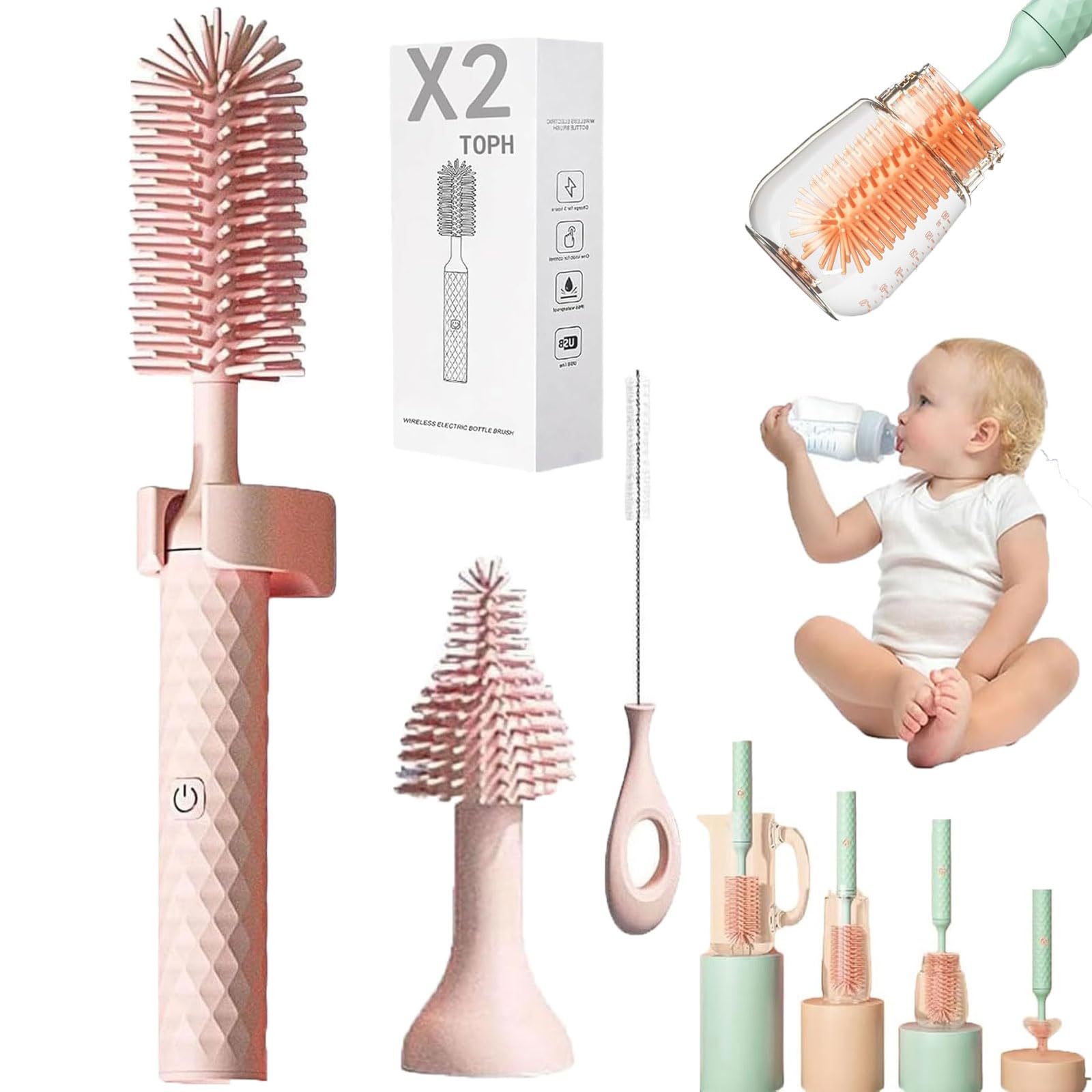 Electric cleaning brush – suitable for baby bottles and various other types of bottles.