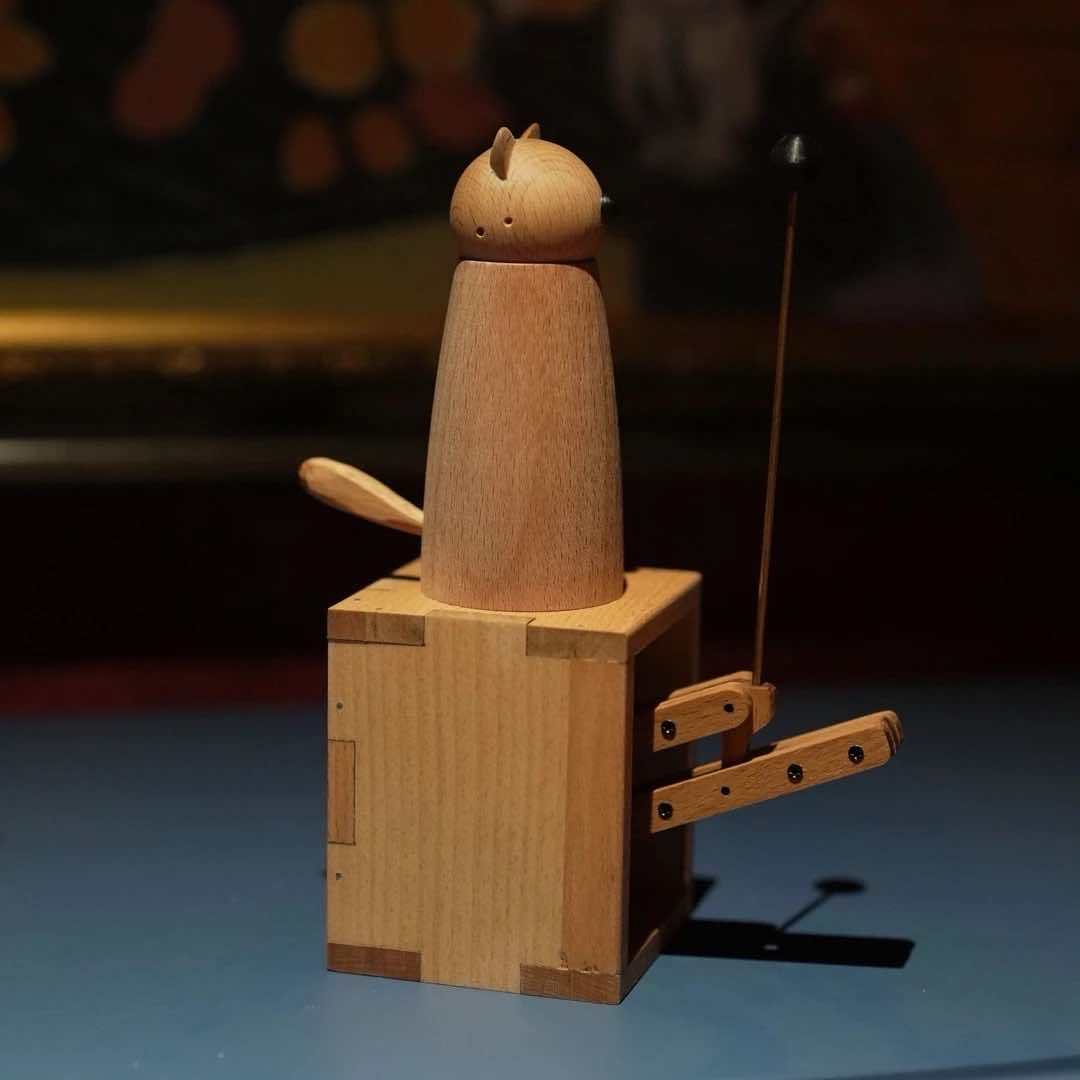 Handcrafted Wooden Cat Automaton – Interactive Desk Toy
