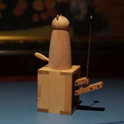Handcrafted Wooden Cat Automaton – Interactive Desk Toy