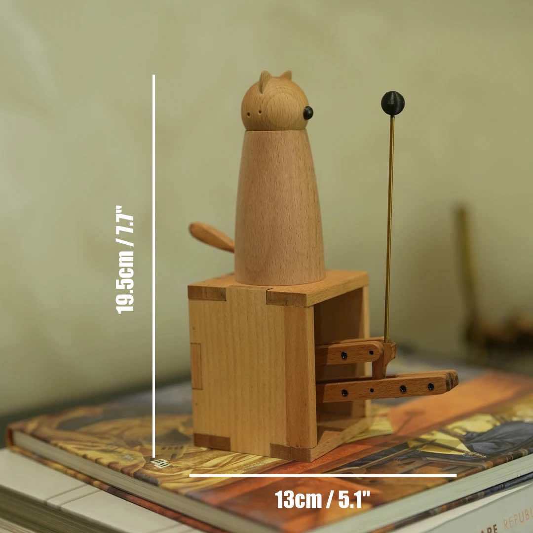 Handcrafted Wooden Cat Automaton – Interactive Desk Toy