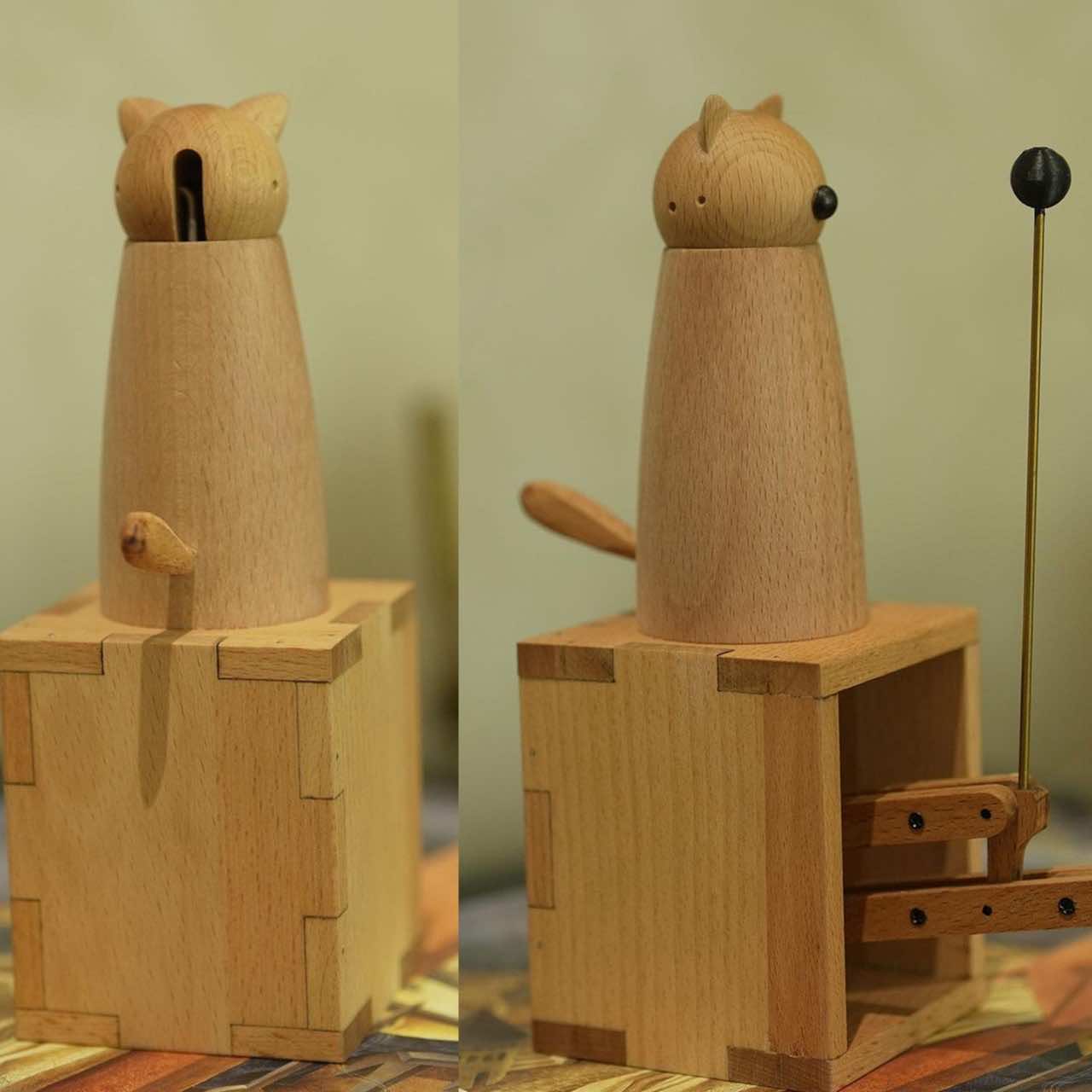 Handcrafted Wooden Cat Automaton – Interactive Desk Toy