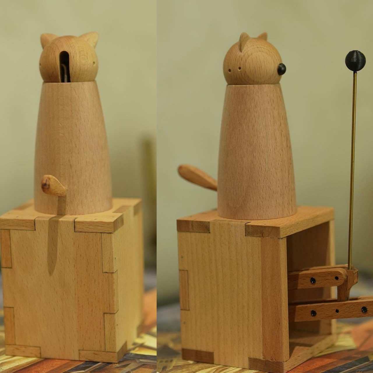 Handcrafted Wooden Cat Automaton – Interactive Desk Toy