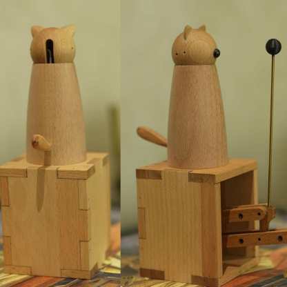 Handcrafted Wooden Cat Automaton – Interactive Desk Toy