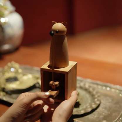 Handcrafted Wooden Cat Automaton – Interactive Desk Toy