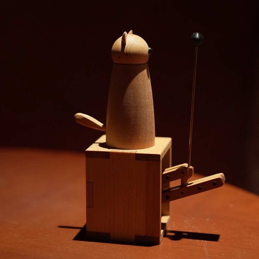 Handcrafted Wooden Cat Automaton – Interactive Desk Toy