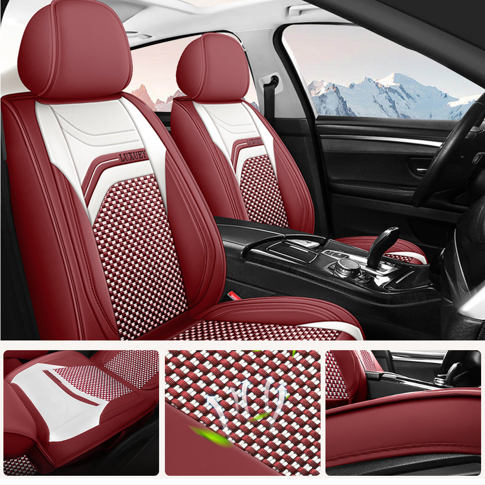 AmanCarport Universal 5-Seat Car Seat Covers – Faux Leather & Ice Silk Full Set, Breathable & Airbag Compatible