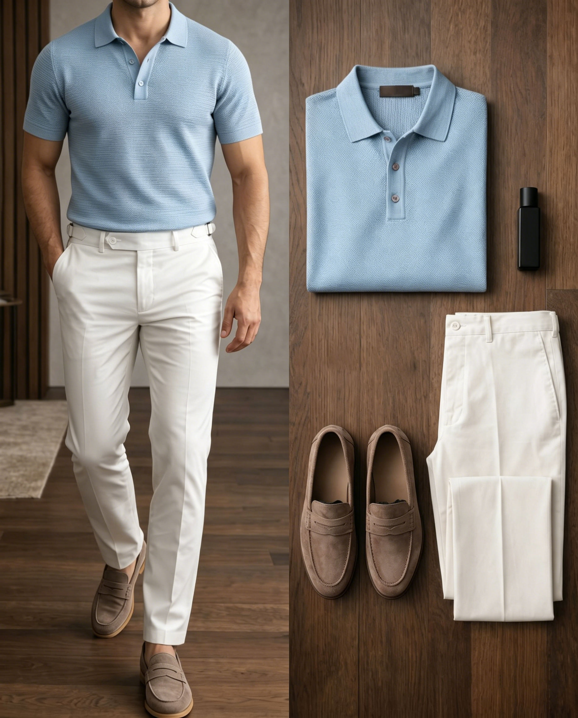 Men's Sky Blue & White Color Matching Retro Style Short Sleeves Knit T-Shirt & Jeans Two-Piece Set