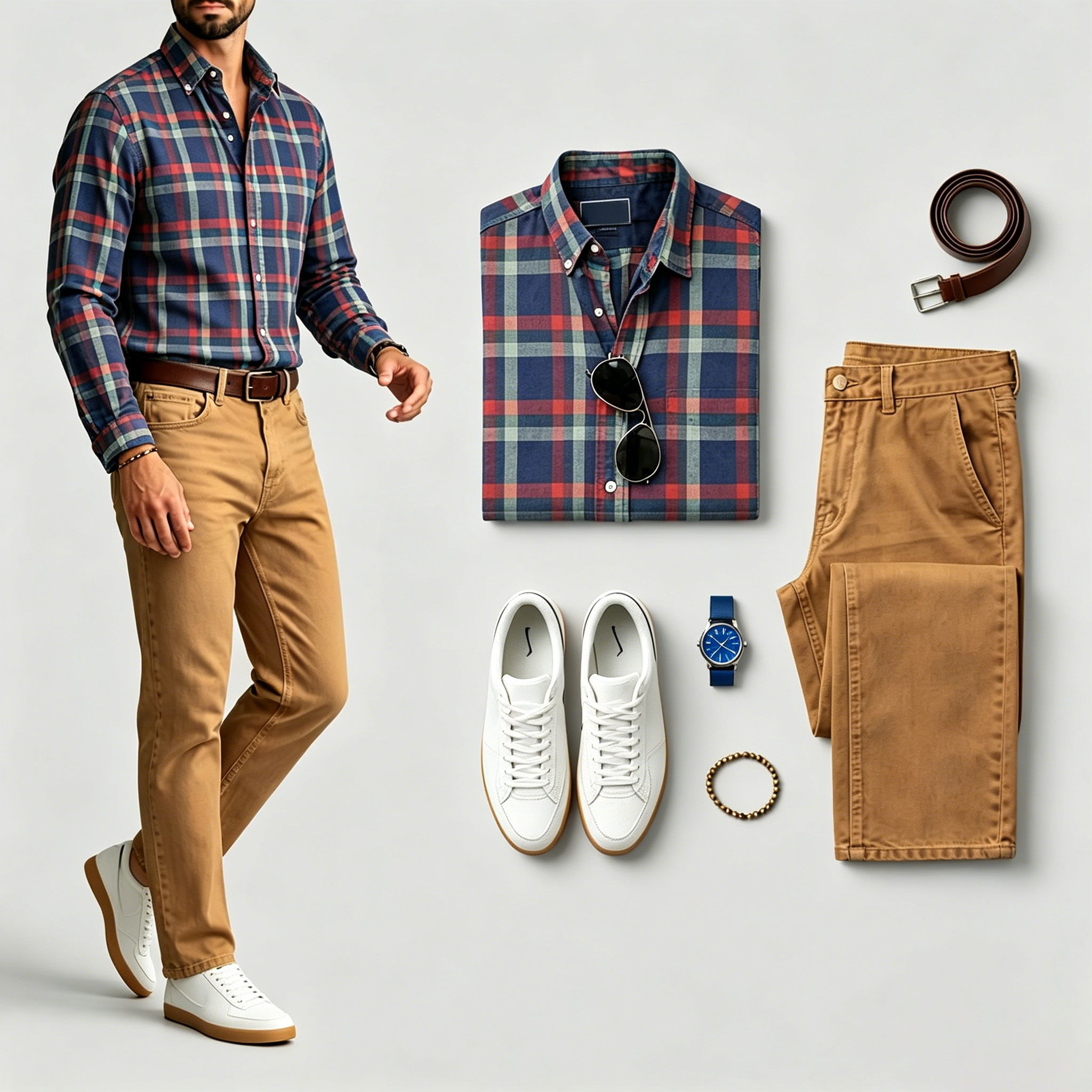 Men's Multi Navy Blue & Ginger Yellow Color Matching Retro Style Plaid Printed Lapel Collar Long Sleeves Shirt & Jeans Two-Piece Set