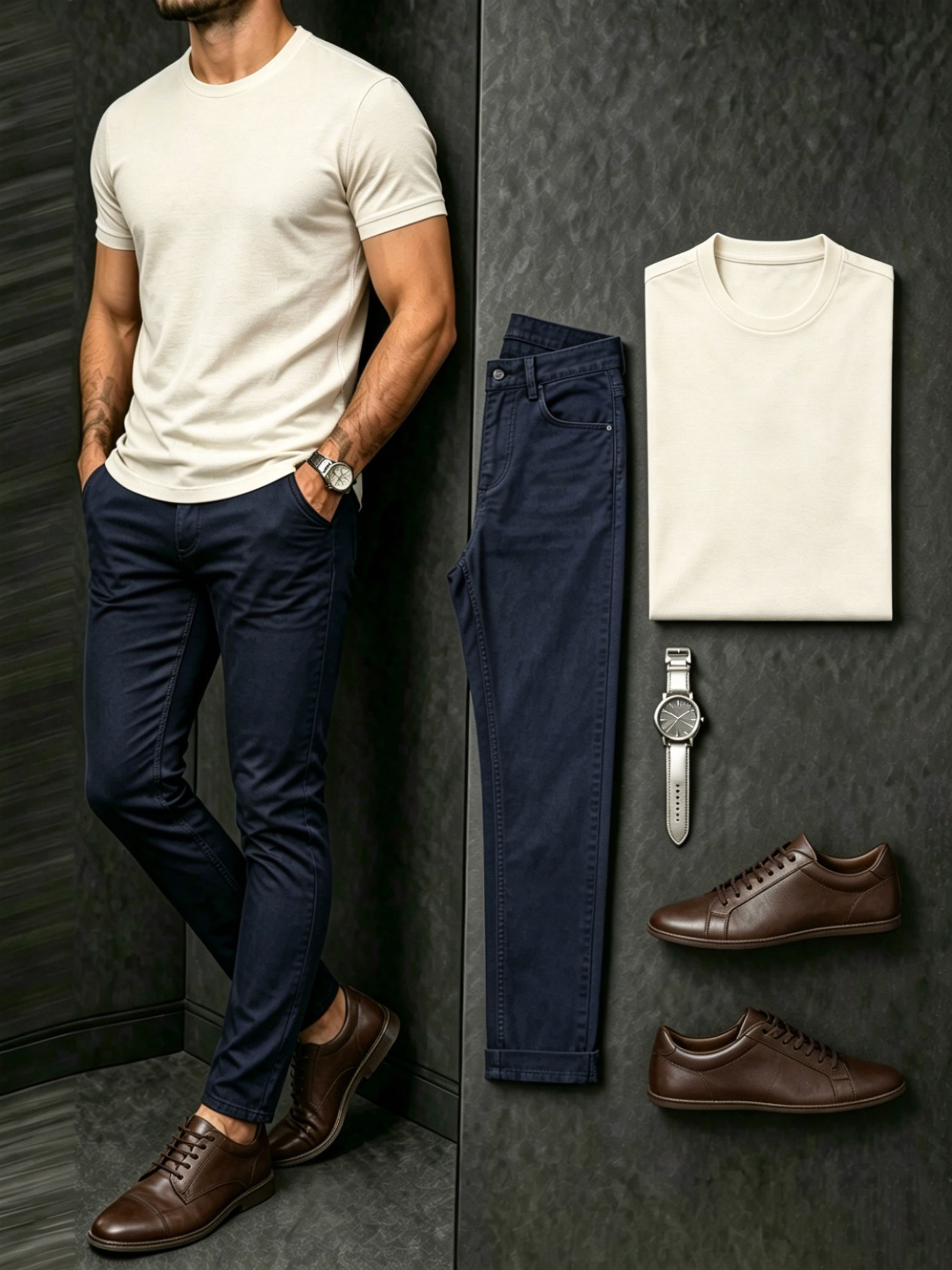 Men's Beige & Navy Blue Color Matching Retro Style Short Sleeves T-Shirt & Jeans Two-Piece Set