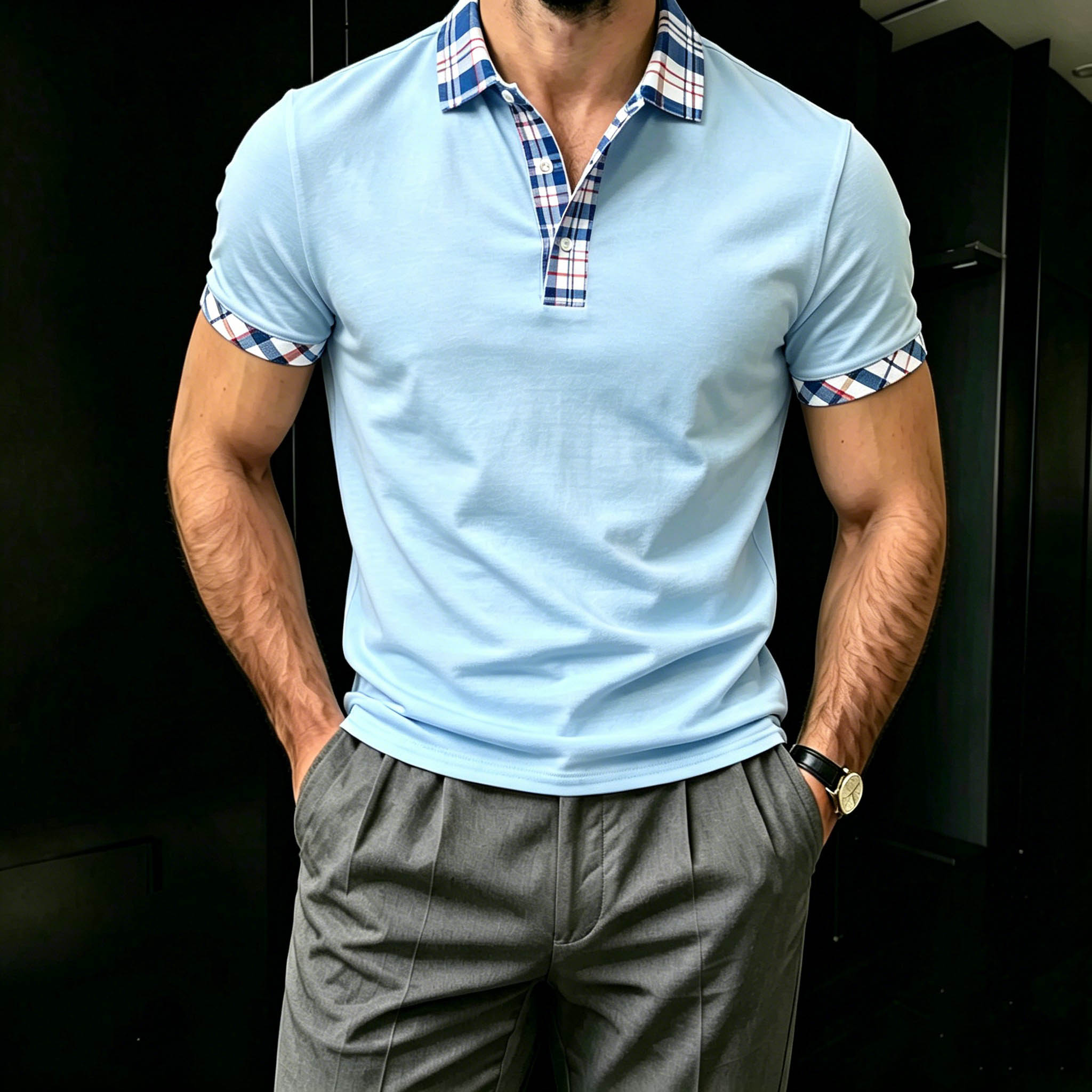 Men's Casual Blue & White Color Matching Plaid Printed Short Sleeves Polo Shirt