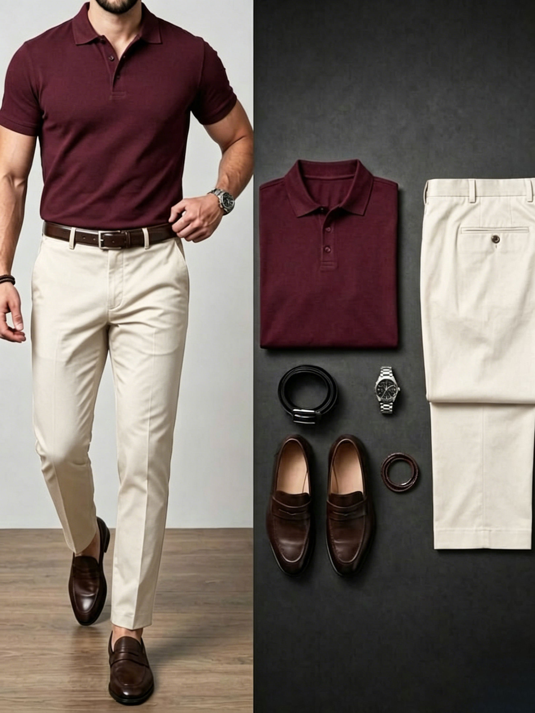 Men's Burgundy & Beige Color Matching Short Sleeves Polo Shirt & Chino Pants Two-Piece Set