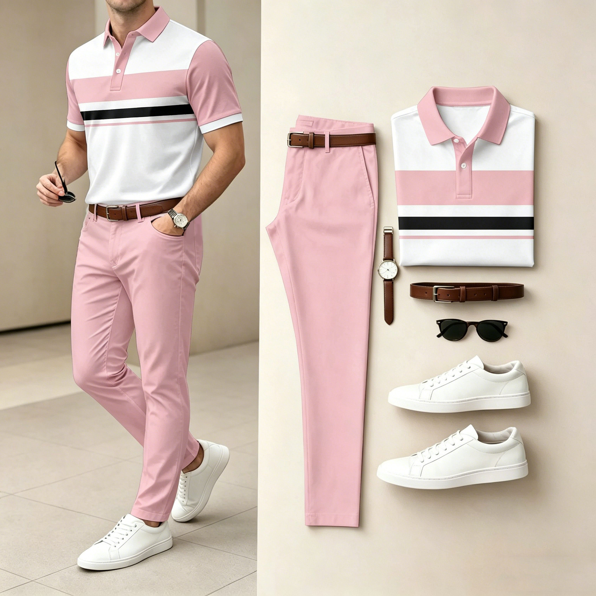 Men's Pink & White Casual Color Matching Striped Printed Short Sleeved Polo Shirt & Trousers Two-Piece Set