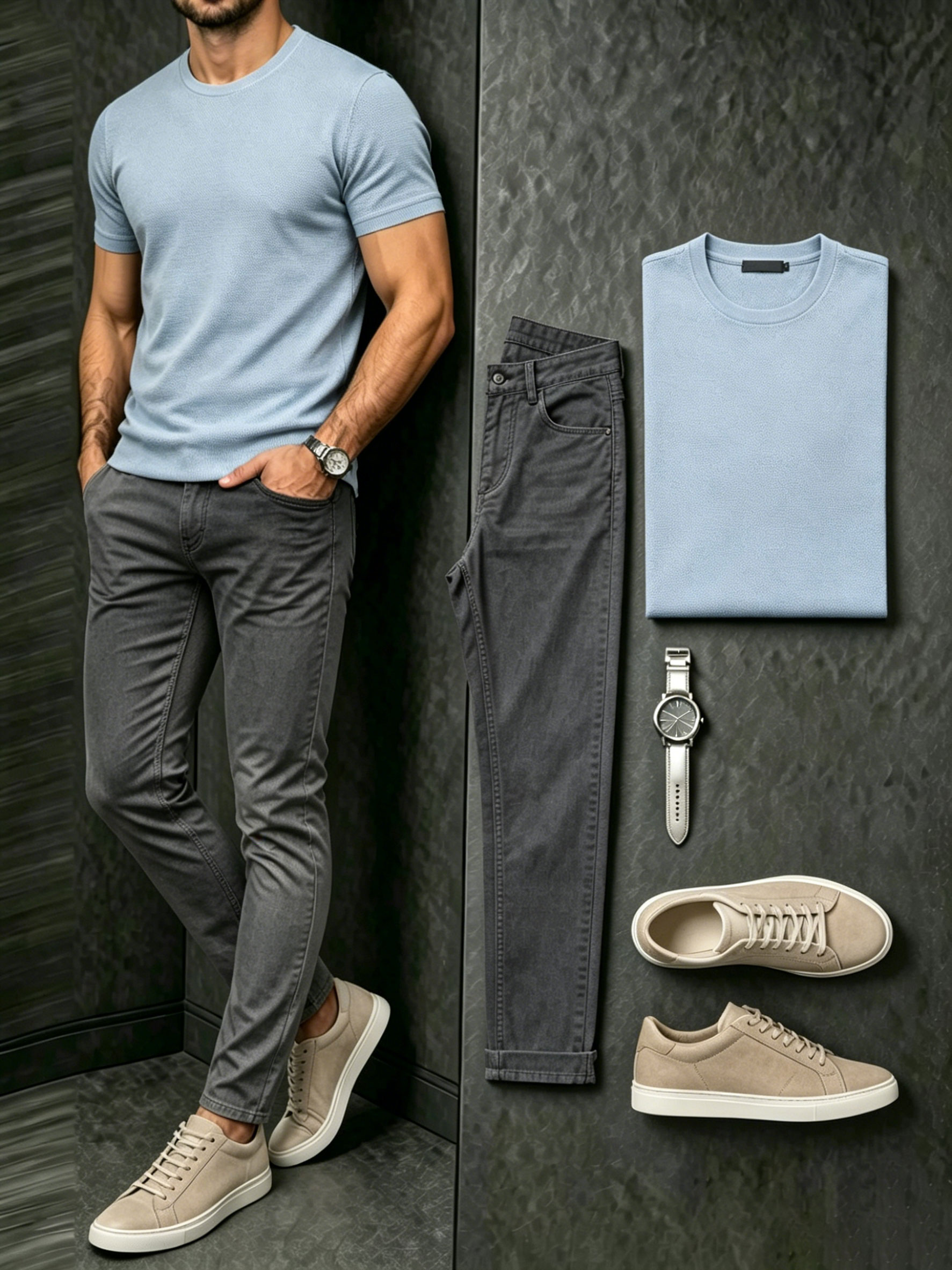 Men's Light Blue & Dark Gray Color Matching Retro Style Short Sleeves T-Shirt & Jeans Two-Piece Set