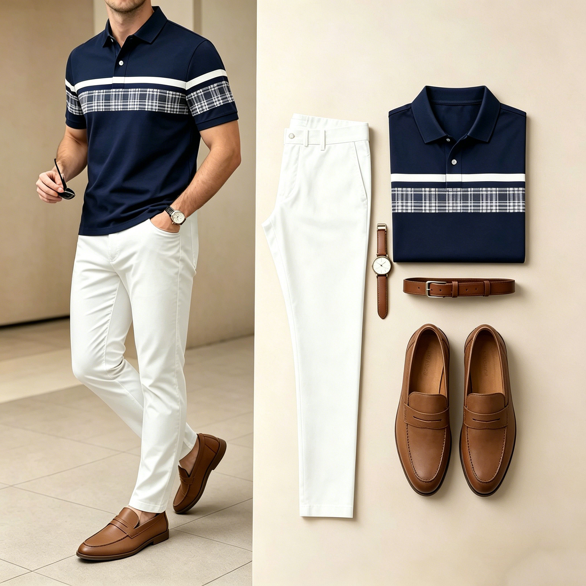 Men's Casual Navy Blue & White Color Matching Checkered Printed Short Sleeved Polo Shirt & Trousers Two-Piece Set