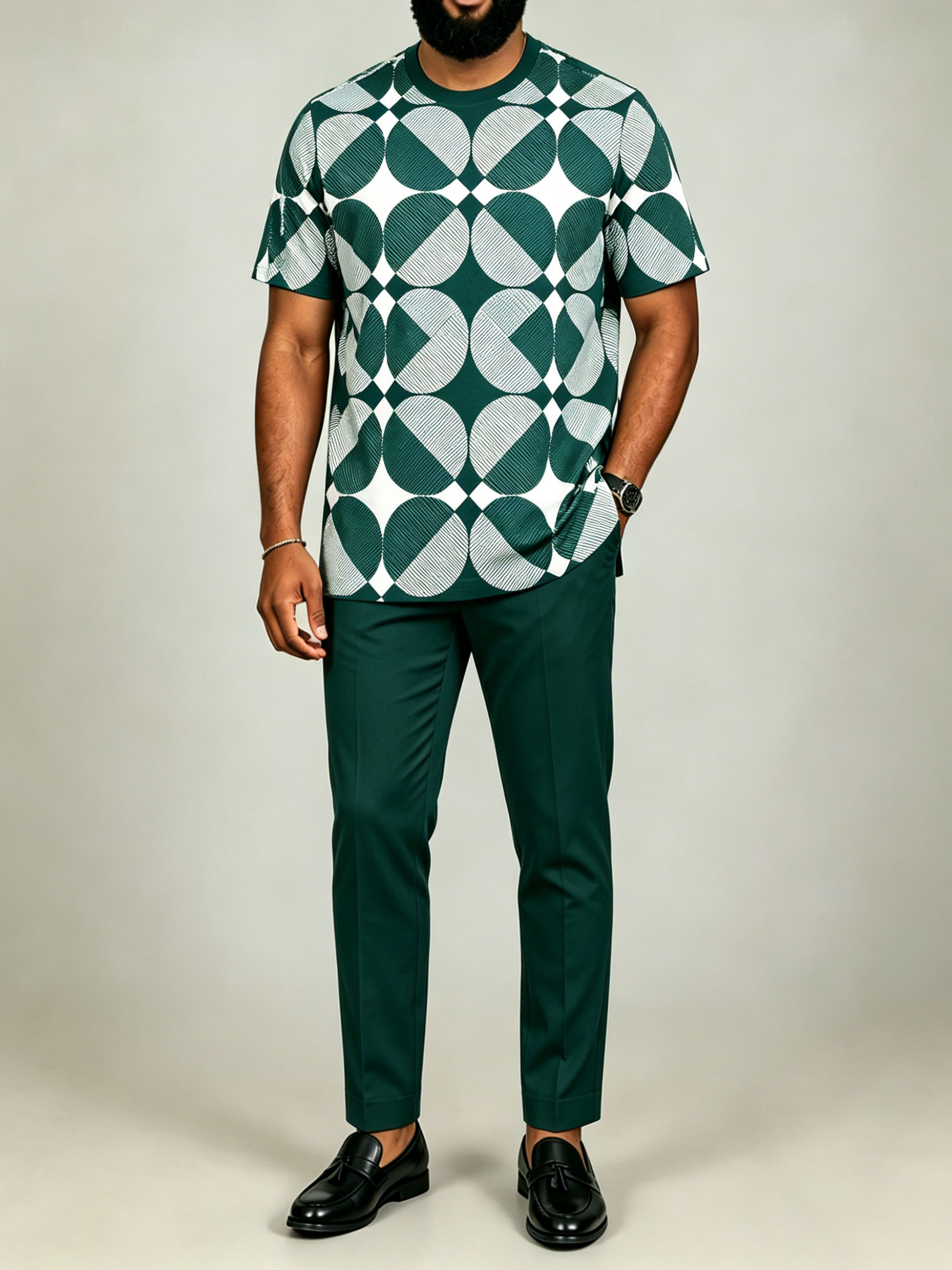 Men's Green & White Geometric Contrasting Color Printed Short-Sleeved Suit