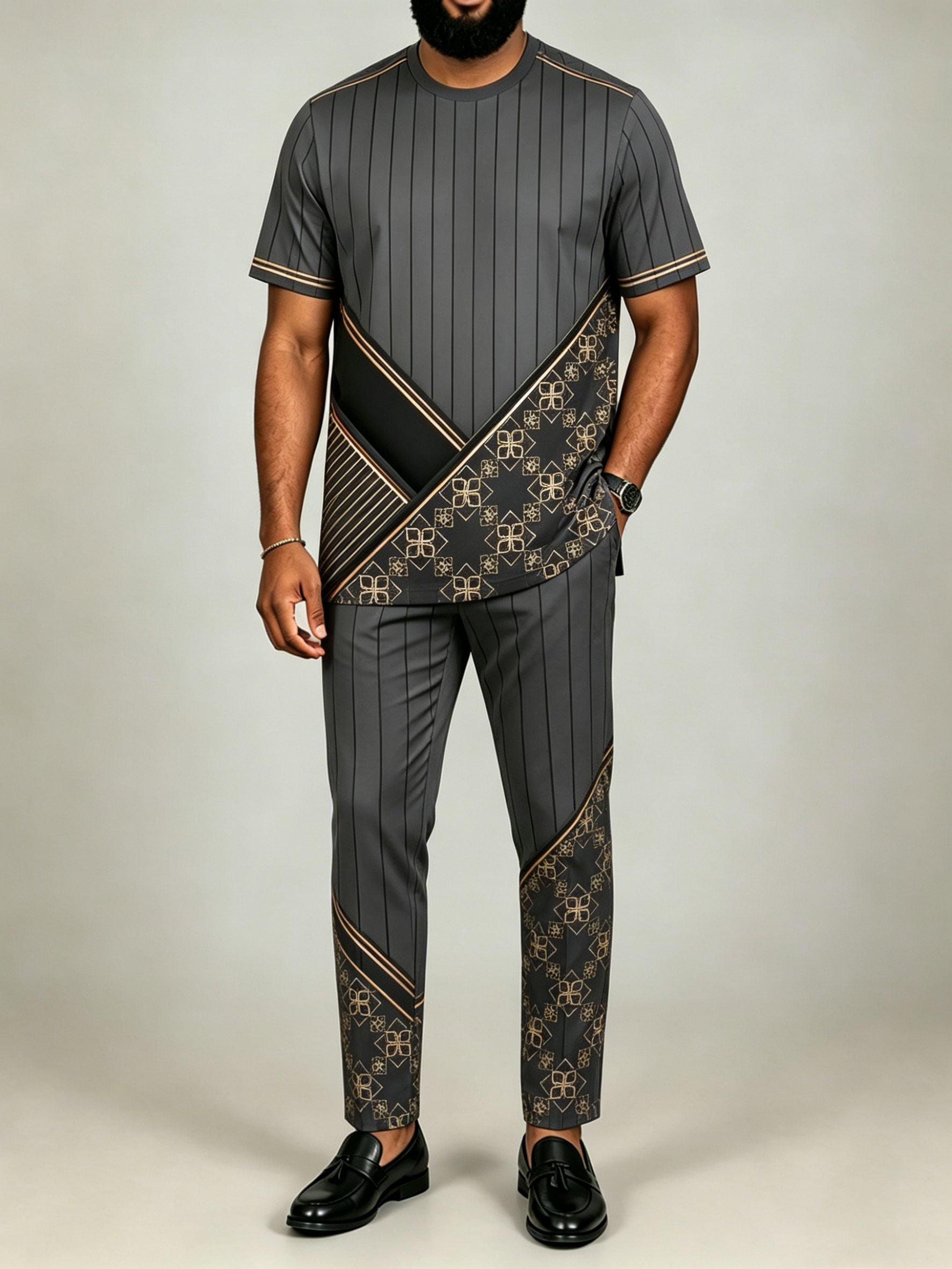 Men's Dark Gray Geometric Contrasting Color Printed Short-Sleeved Suit