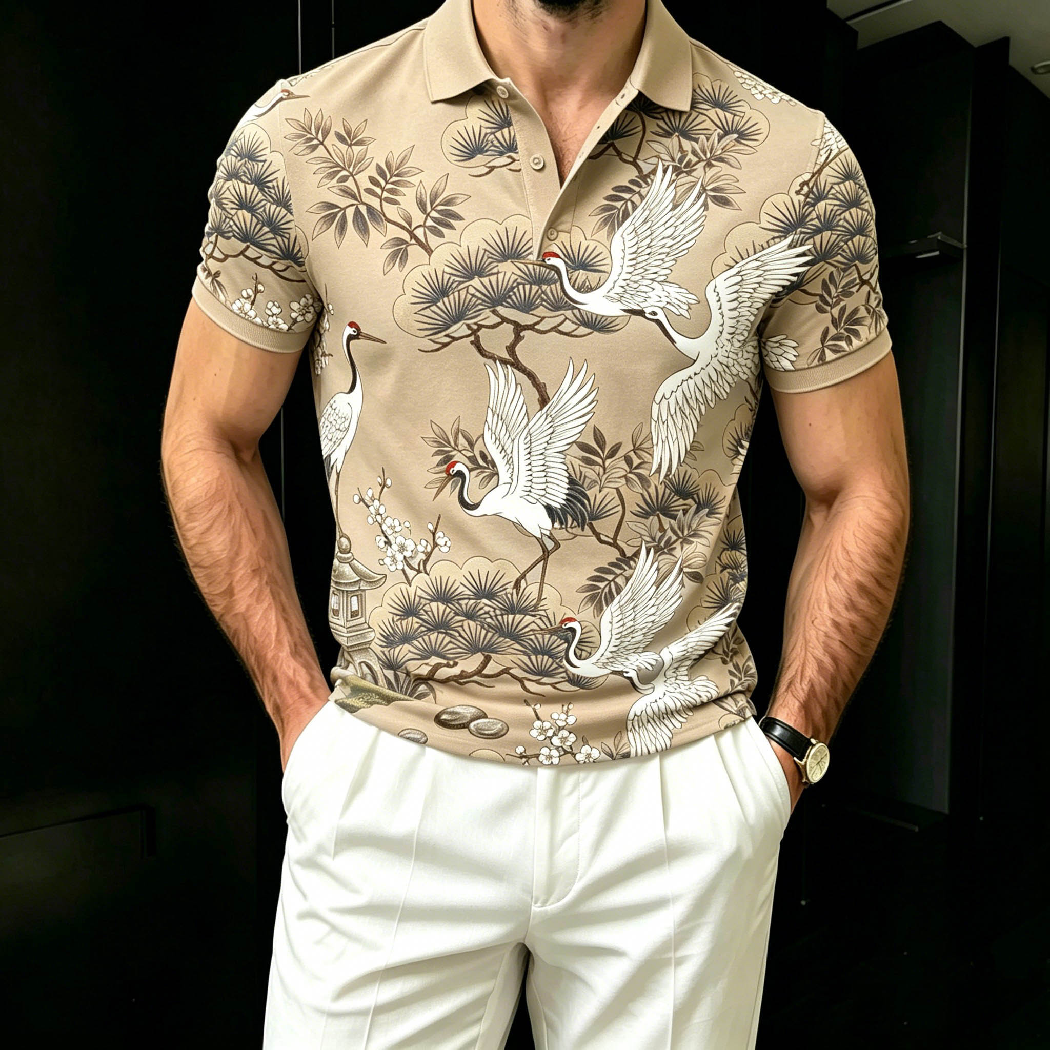 Men's Casual Khaki Color Retro Style Printed Short Sleeves Polo Shirt