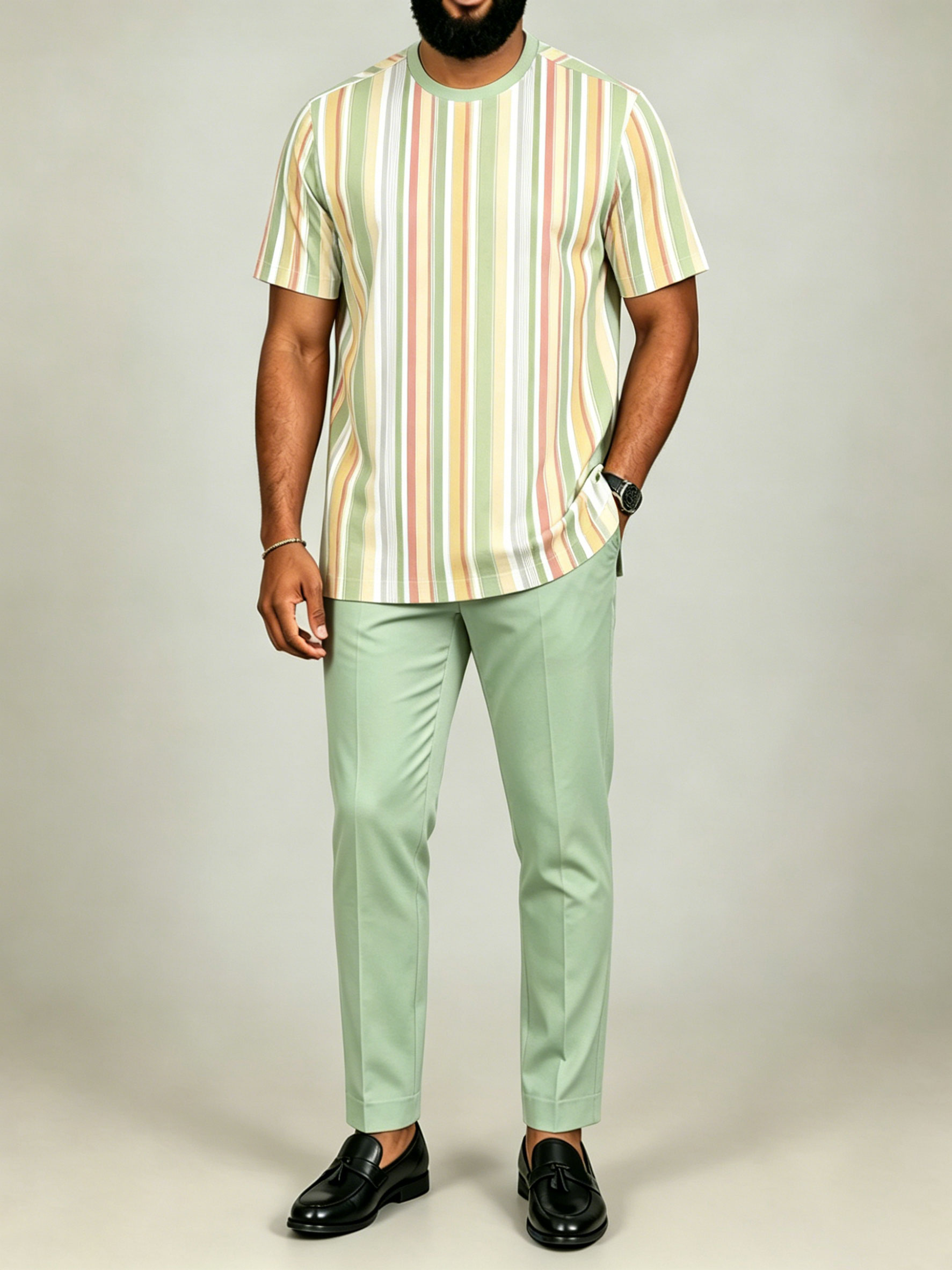 Men's Multi Yellow Color Matching Striped Printed Short-Sleeved Suit